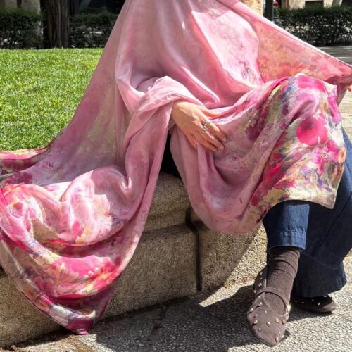 Fular de seda con forro reversible rosa con flores 2 Julunggul