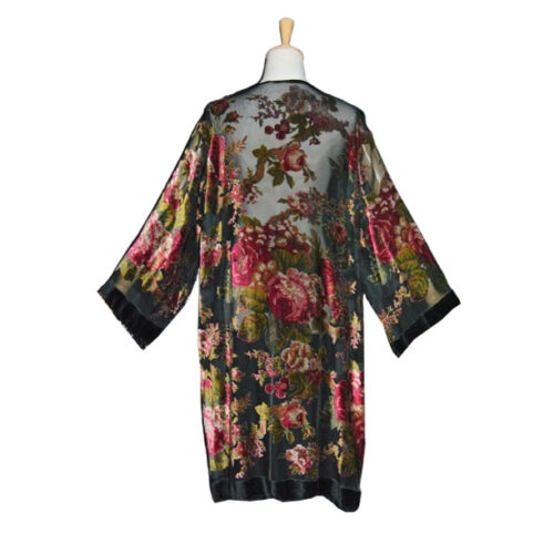Kimono de terciopelo devore negro de flores Julunggul