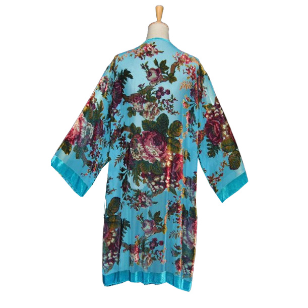 Kimono de terciopelo devore turquesa con flores Julunggul