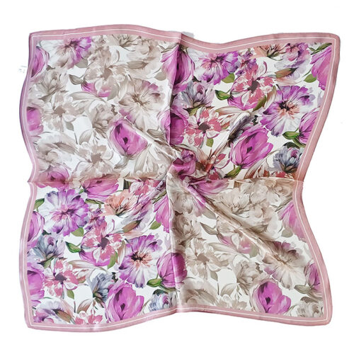 Pañuelo de seda de mujer blanco y flores rosa Julunggul
