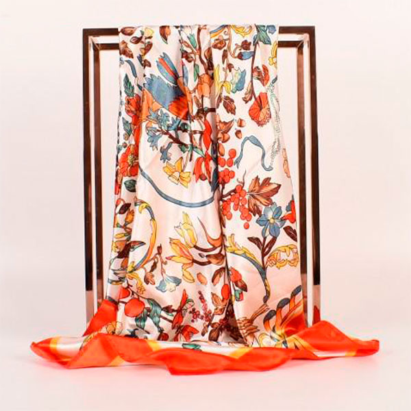pañuelos-de-mujer-de-imitación-seda-flores-beige-y-naranja