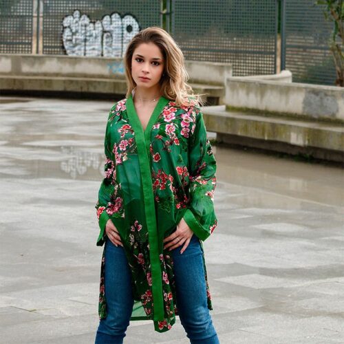 kimono de seda verde y fucsia 2