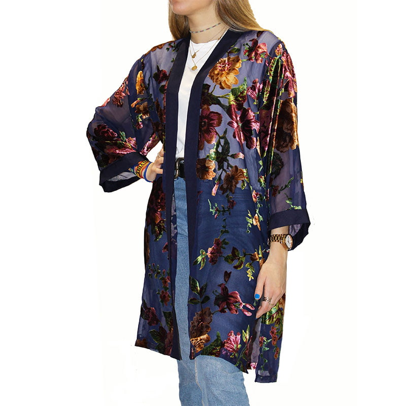 KIMONO DE TERCIOPELO DEVORE FLORES AZUL Julunggul