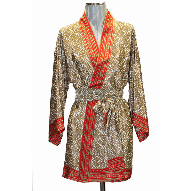 kimono de semi seda beige y coral 1