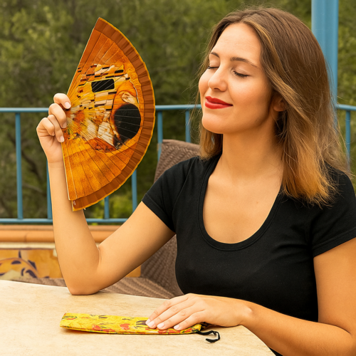 Abanico de madera con funda azul Klimt