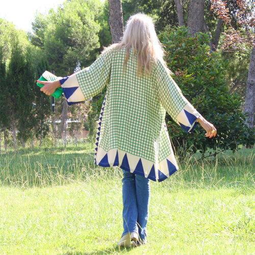 kimono de seda de cuadros verde beige y azul de julunggul 2