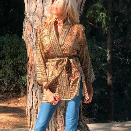kimono de seda y forro marron estampado liberty julunggul