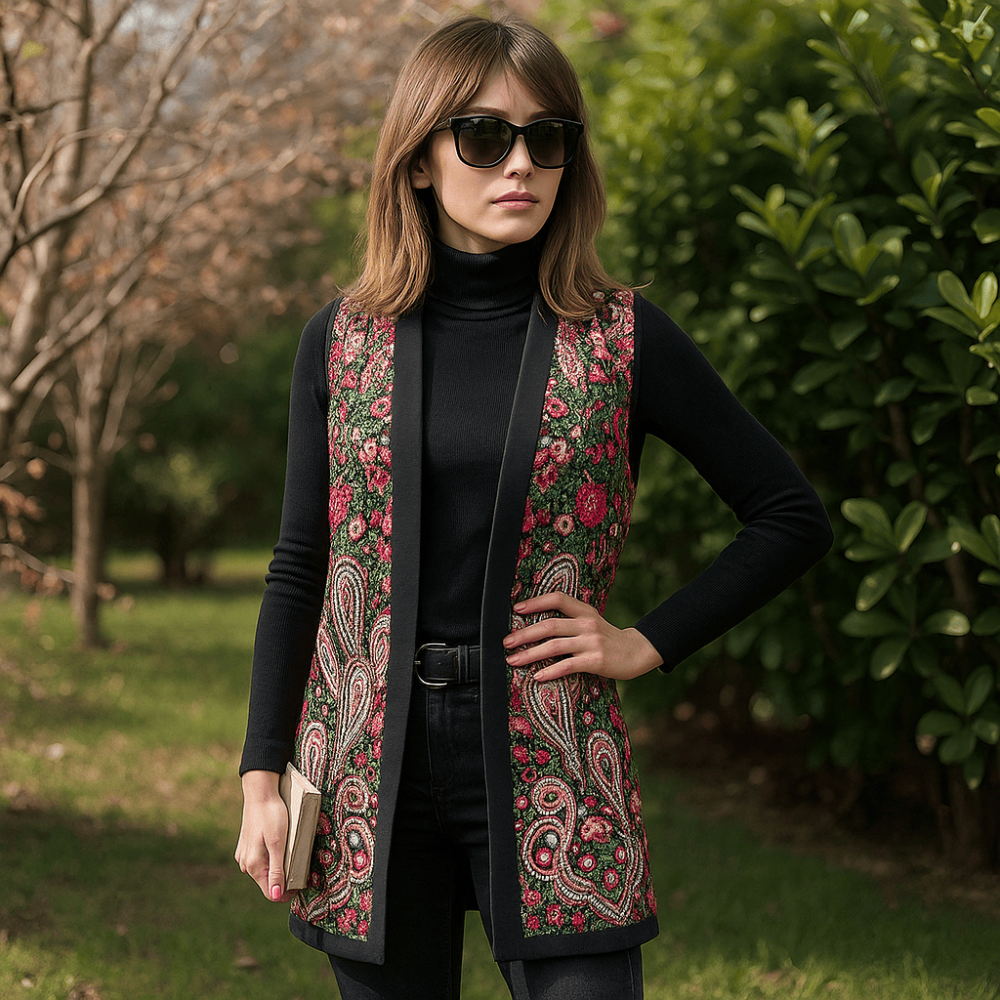 Chaleco reversible largo beige de cretona de flores y punto - Imagen 4