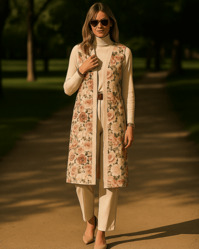 Kimono de seda largo azul marino y rojo con flores y cenefas 1 Julunggul