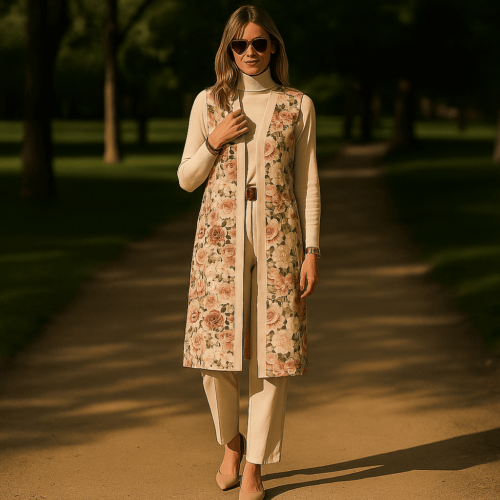 Chaleco reversible largo beige de cretona de flores y punto