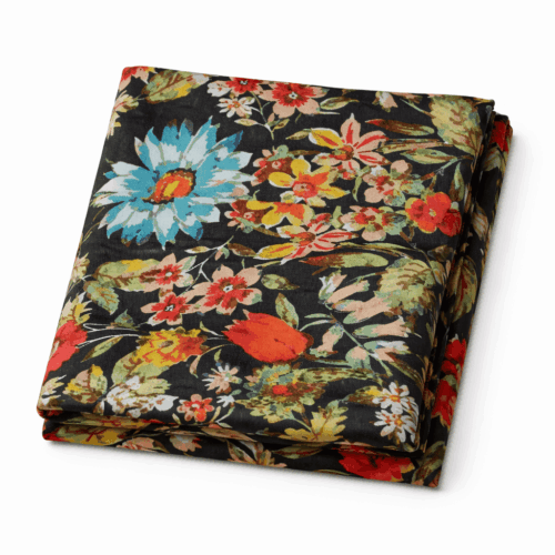 Fular de seda con forro Negro con flores