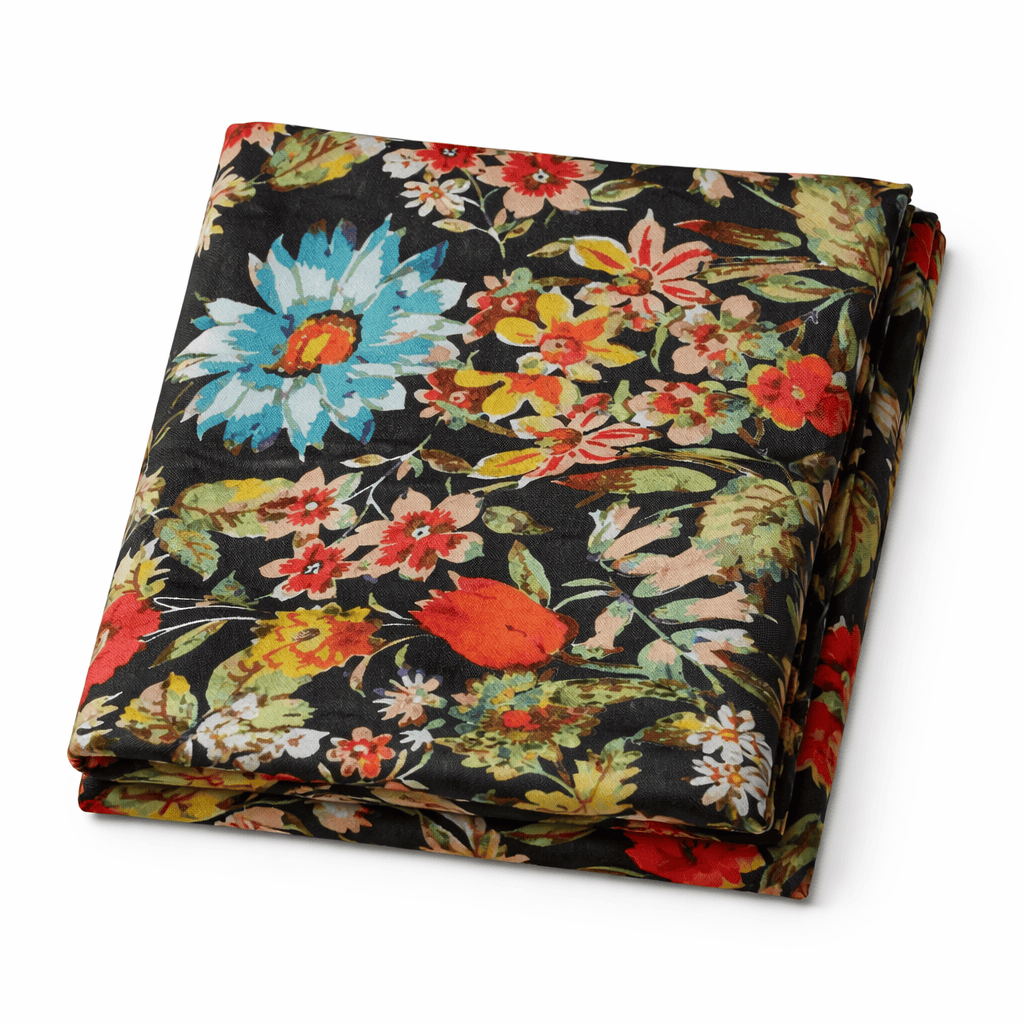 Fular de seda 100 con forro echarpe reversible negro con flores Julunggul