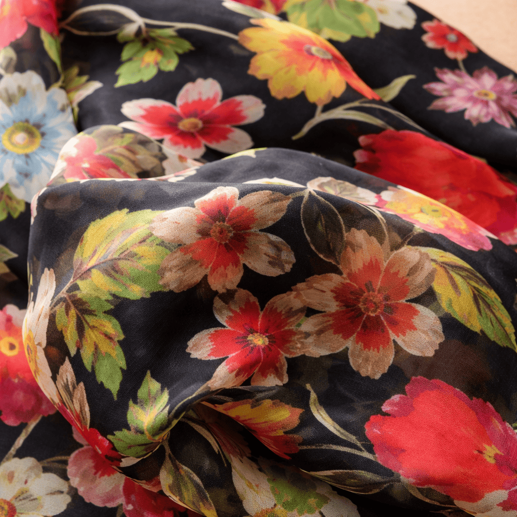 Fular de seda 100 negro con flores Julunggul