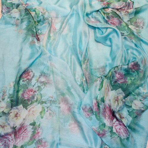 fular de seda con forro de mujer Flores azul turquesa 1