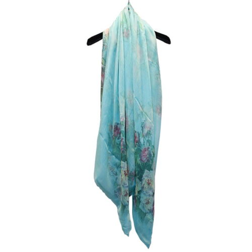 fular de seda con forro de mujer Flores azul turquesa