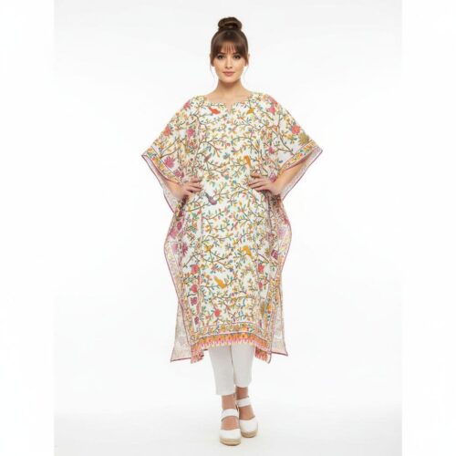 Caftán largo de algodón blanco con cenefas y flores Julunggul