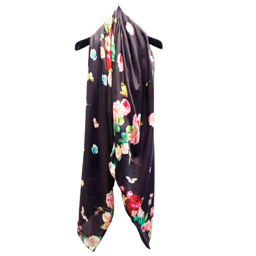 Fular seda reversible negro con flores Julunggul 1