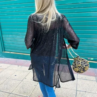 chaqueta de lentejuelas y raso larga negra