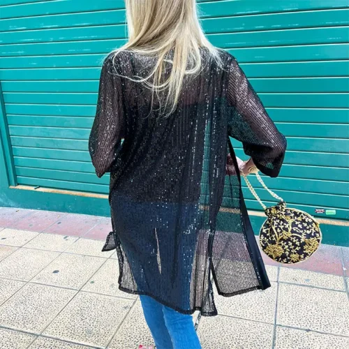 chaqueta de lentejuelas y raso larga negra