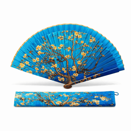Abanico pintado con funda a juego azul Van Gogh Almendro Julunggul