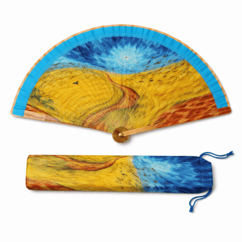 Abanico pintado con funda azul y mostaza Van Gogh 1 Julunggul