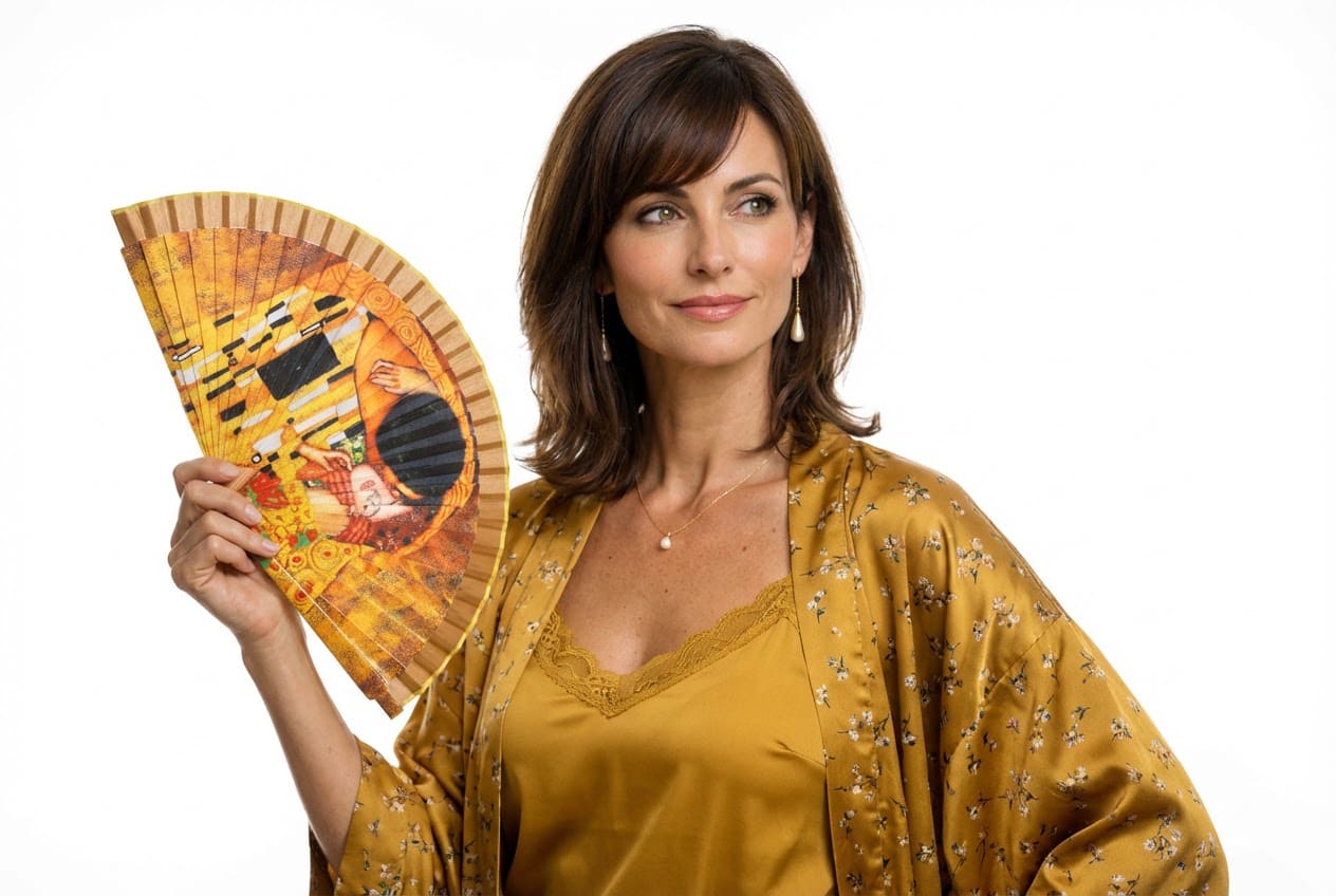 Abanico pintado elegante con funda el beso de Klimt Julunggul