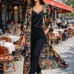 Kimomo largo de seda negro con flores de colores 1 Julunggul