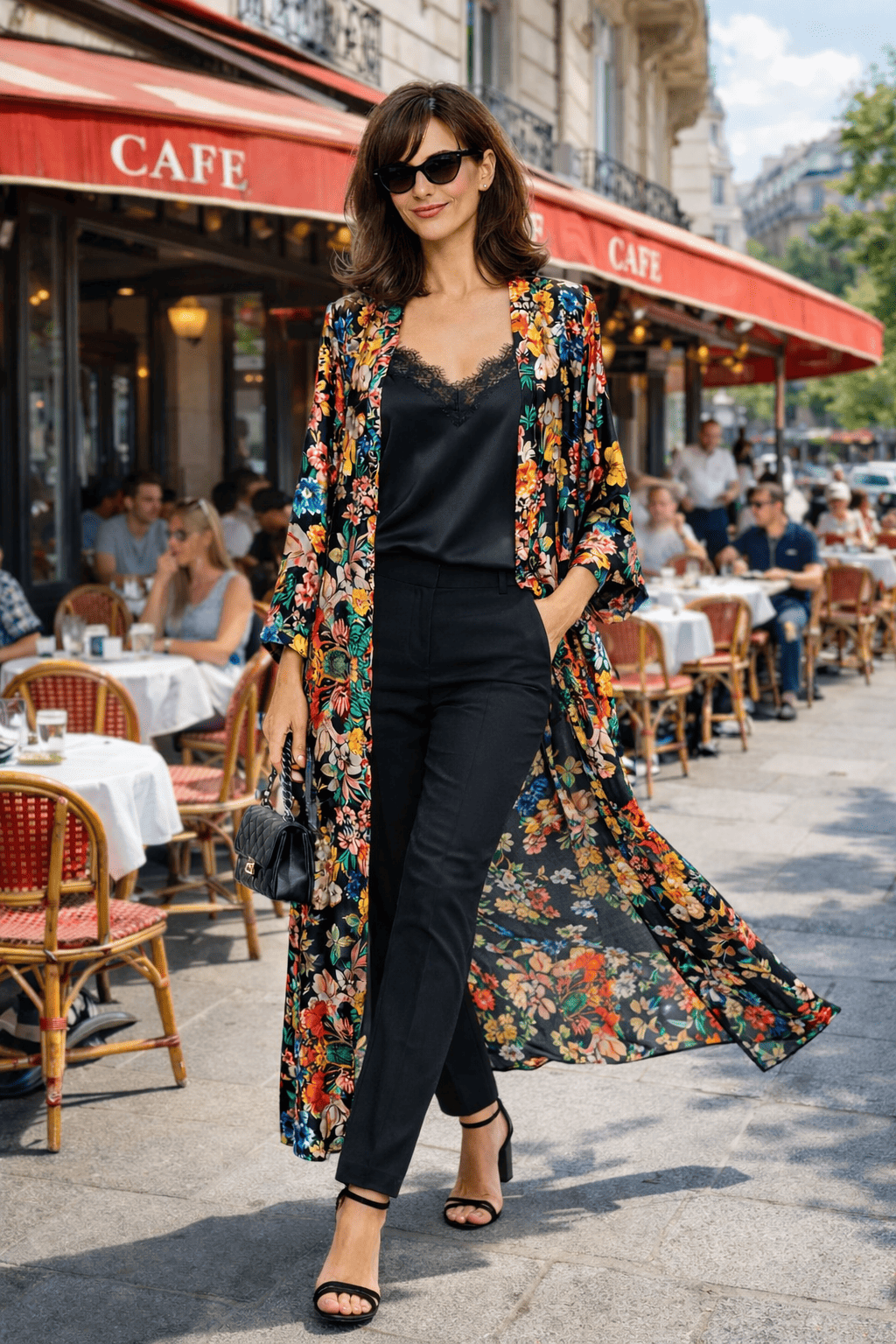 Fular de semiseda de mujer negro de flores - Imagen 2