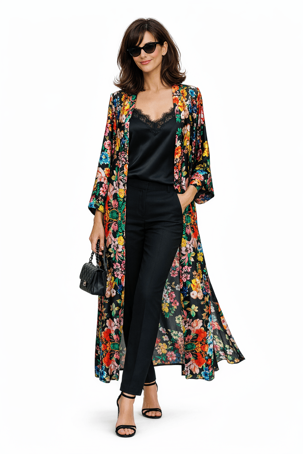 Fular de semiseda de mujer negro de flores - Imagen 6