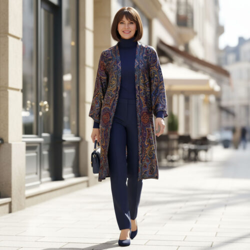 Kimono de seda azul marino estampado paisley Julunggul