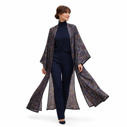 Kimono semi seda largo Azul marino Paisley
