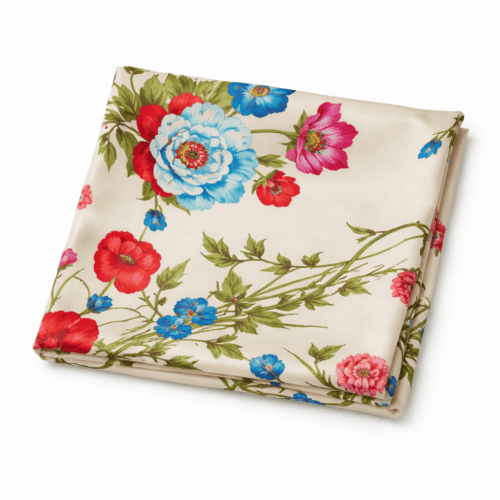 Pañuelo de semi seda beige con flores 130x130 cm