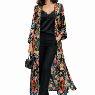 Kimono largo de fiesta negro con flores de colores Julunggul