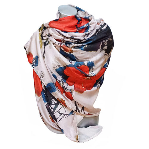 Fular de seda reversible Beige y flores rojo y azul Julunggul