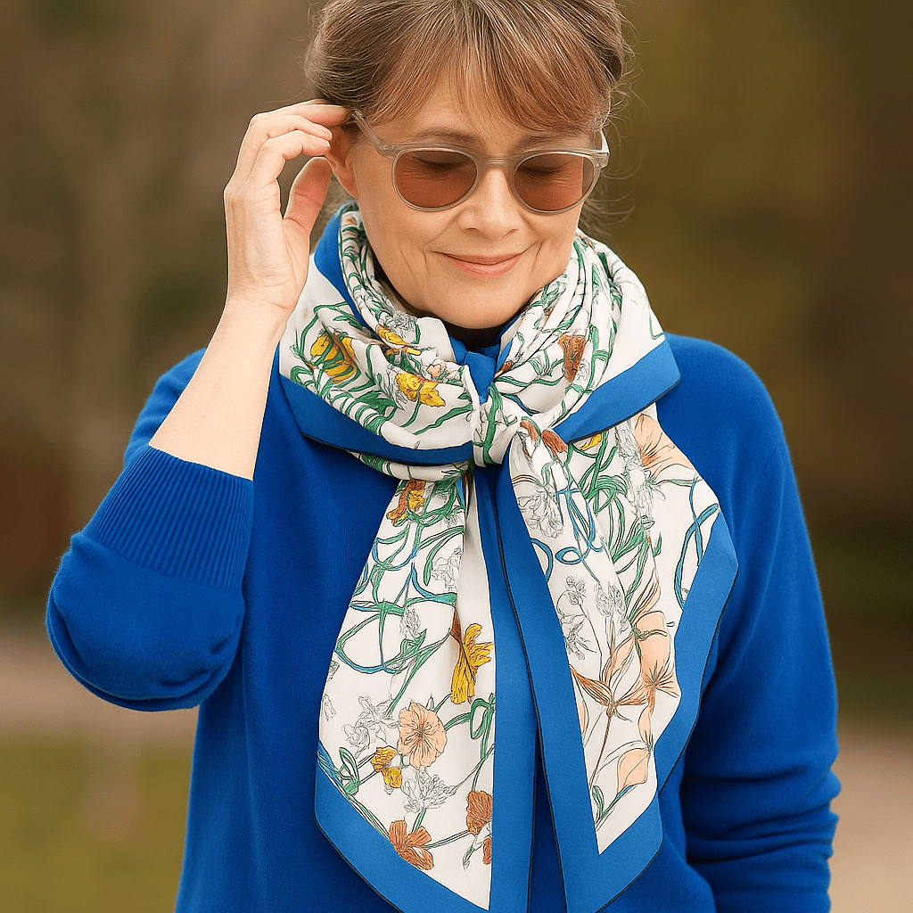 Fular pañuelo de semi seda blanco y azul klein de flores julunggul