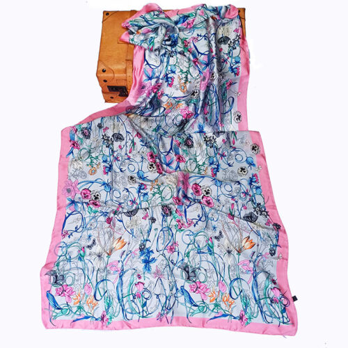 Fular seda imitación Flores Gris y rosa Julunggul