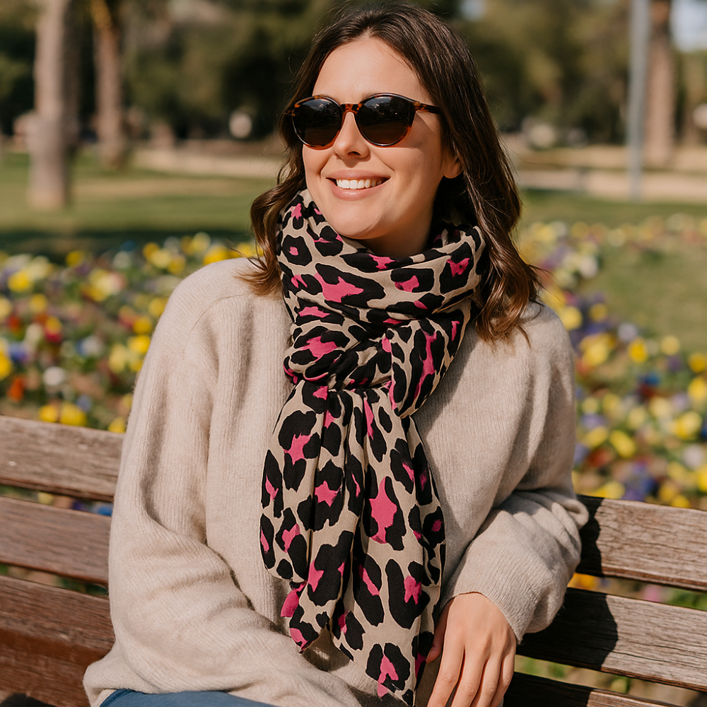 Bufanda animal print leopardo beige fucsia y negro 1 Julunggul
