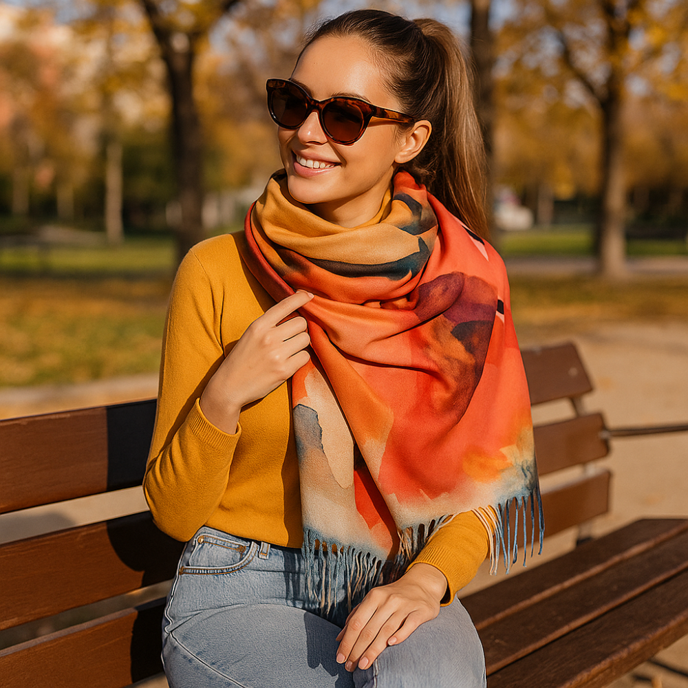 Bufanda reversible tacto cashmere Flores mostaza y coral Julunggul