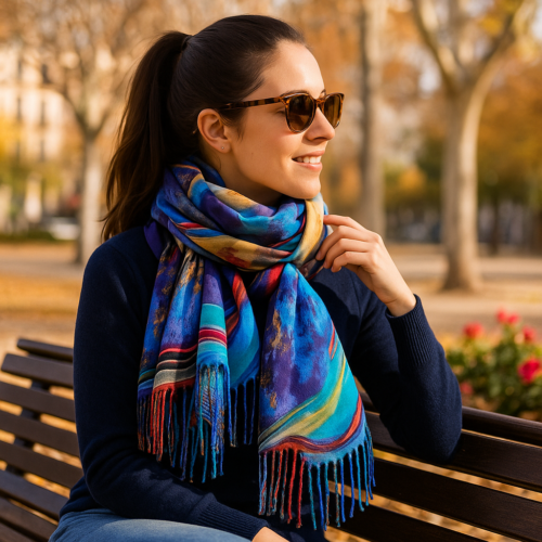 Bufanda reversible tacto cashmere azul amarilla pintores Julunggul