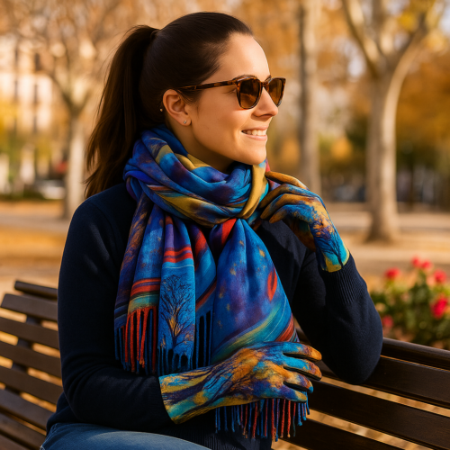 Bufanda reversible tacto cashmere azul amarilla pintores y guantes Julunggul