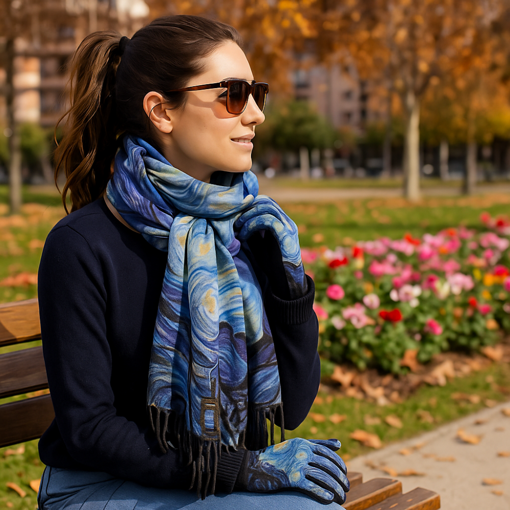 Bufanda reversible tacto cashmere azul de Van Gogh y guantes Julunggul