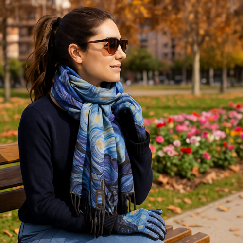 Bufanda reversible tacto cashmere azul de Van Gogh y guantes Julunggul