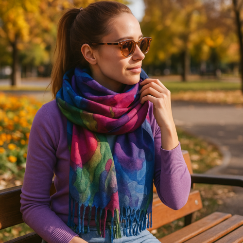 Bufanda reversible tacto cashmere azul fucsia y verde Julunggul