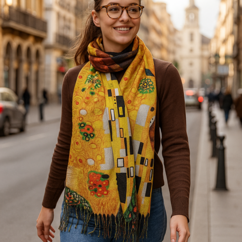Bufanda reversible tacto cashmere cámel meostaza Klimt Julunggul