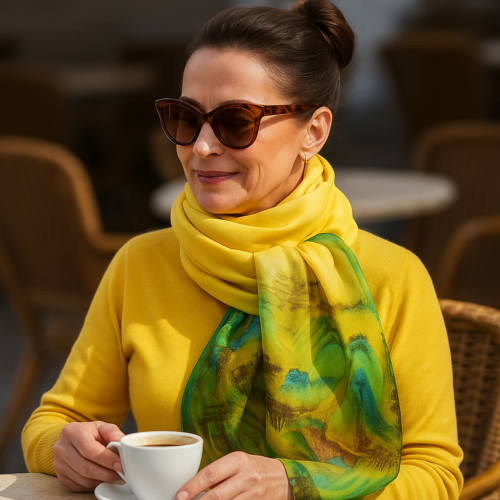 Fular de seda reversible Amarillo y verde