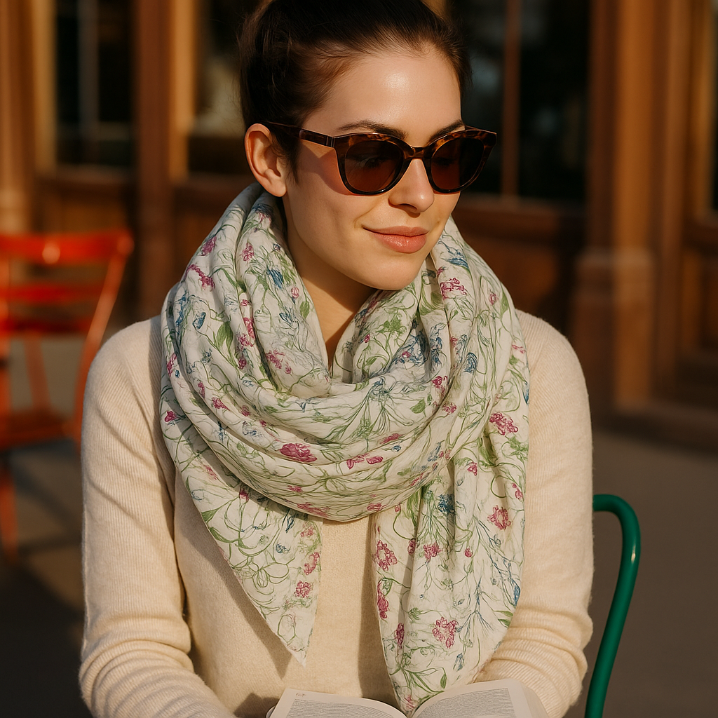 Fular de seda reversible beige con flores chal Julunggul