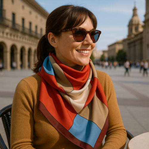 Fular de semiseda reversible con forro estampado geométrico