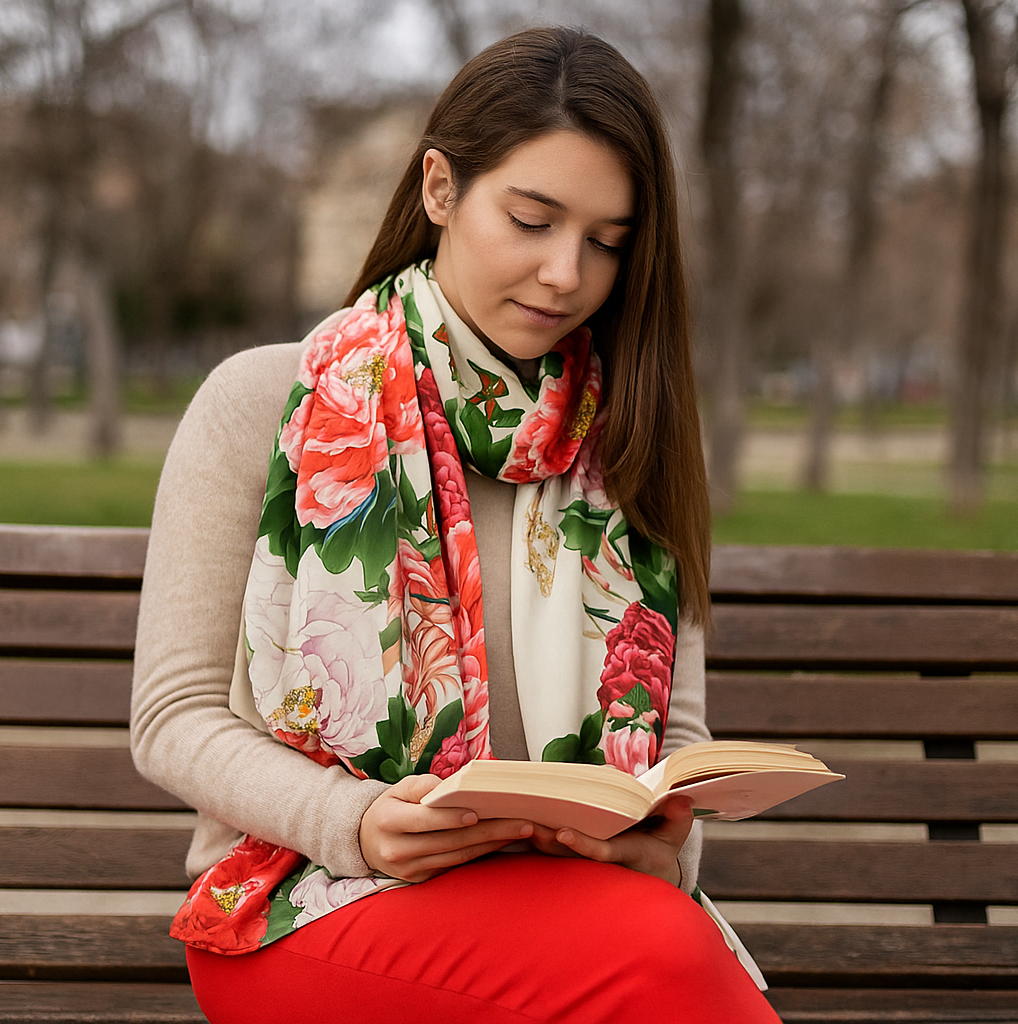 Fular de semiseda beige con flores Julunggul