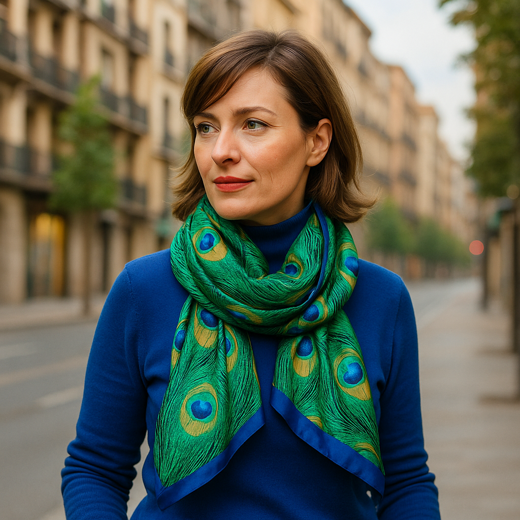 Fular de semiseda con forro reversible pavo real azul klein y verde Julunggul