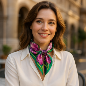 Pañuelo de seda 52x52 cm de flores verde y buganvilla Julunggul